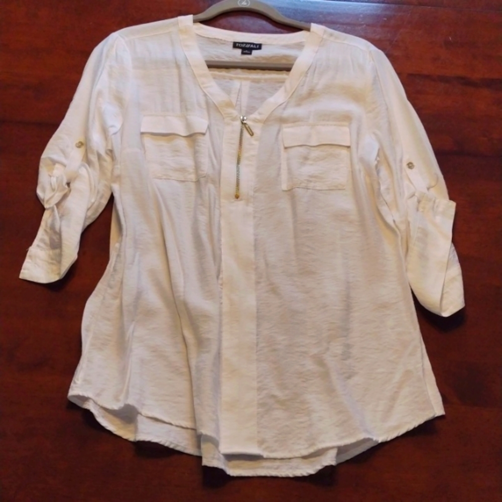 Zippered Down Roz & Ali White Top Size Large NWOT